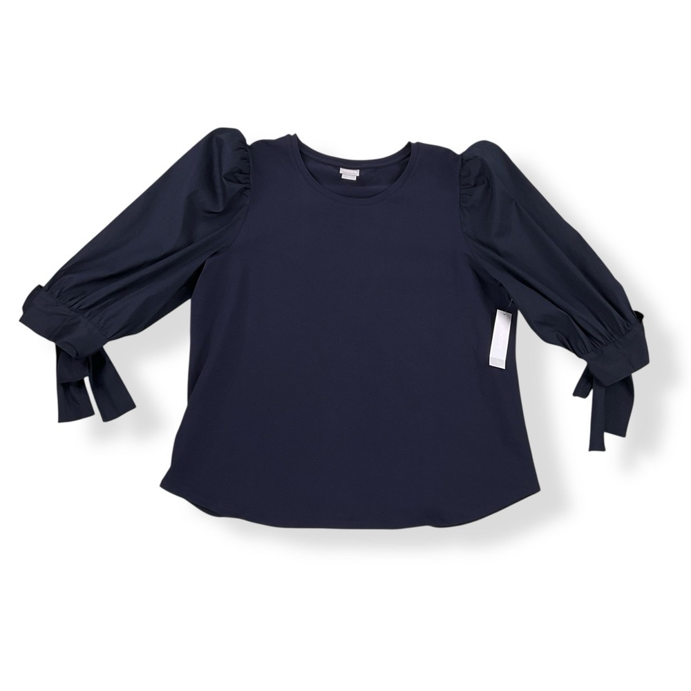 Chicos Top Women XL Dark Blue 3/4 Sleeve Mixed Media Puff Bow NWT